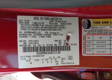 2010 Ford Fusion Sport z USA, uszkodzony, nr VIN 3FAHP0DC6AR215120